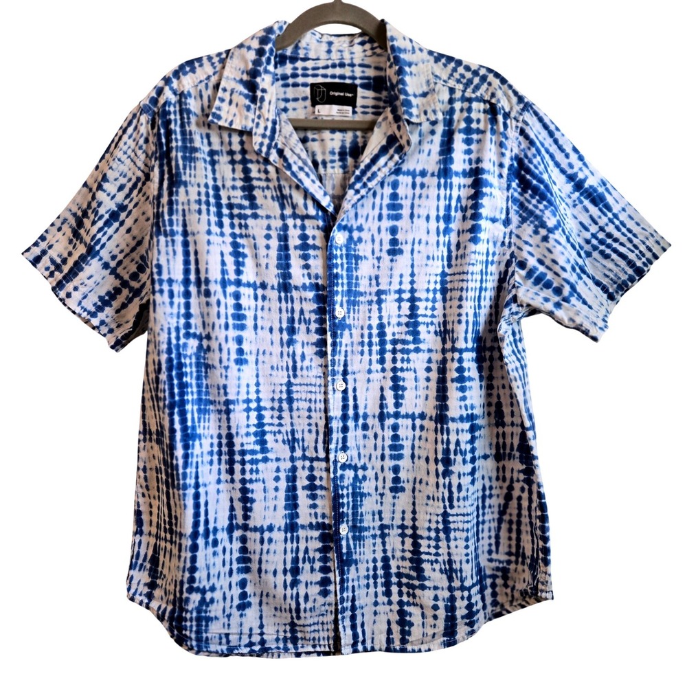 Original Use Blue White Tie Dye Shibori Button Down Shirt Cotton Camp Collar L